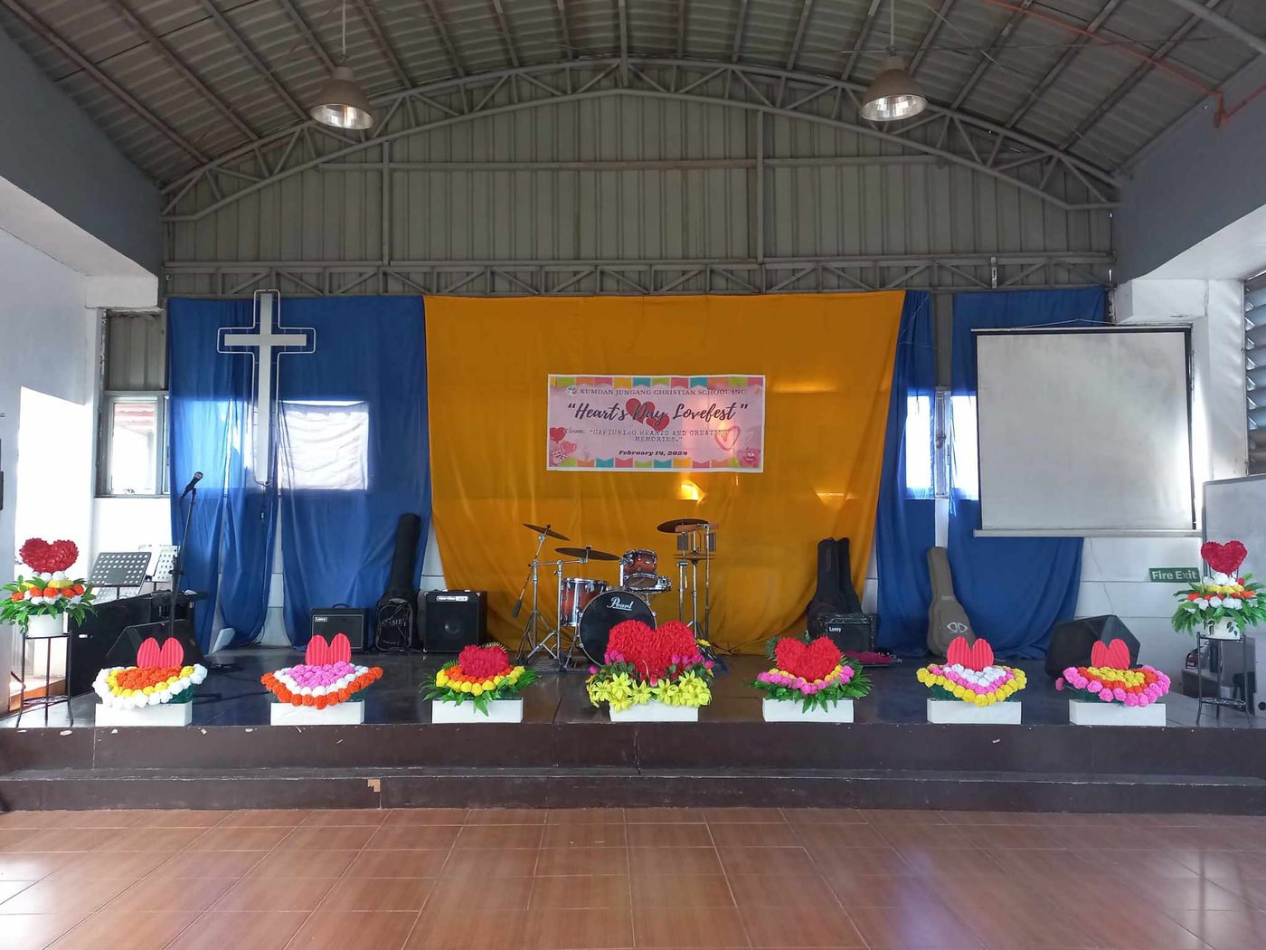 Valentine's Day stage decorations in the worship hall